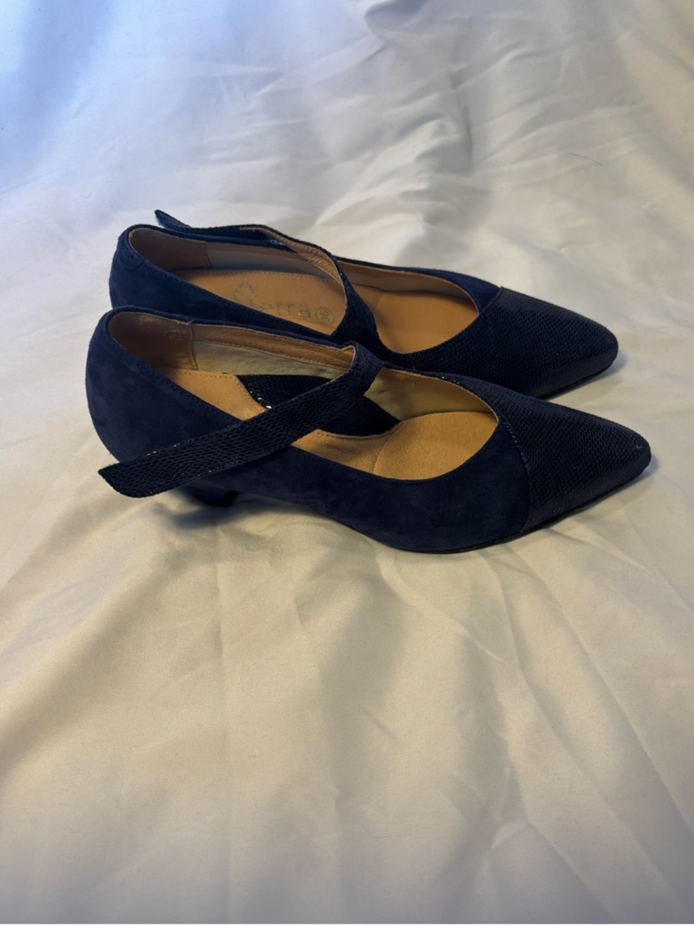 Navy blue suede and Spanish leather Mary Jane heels